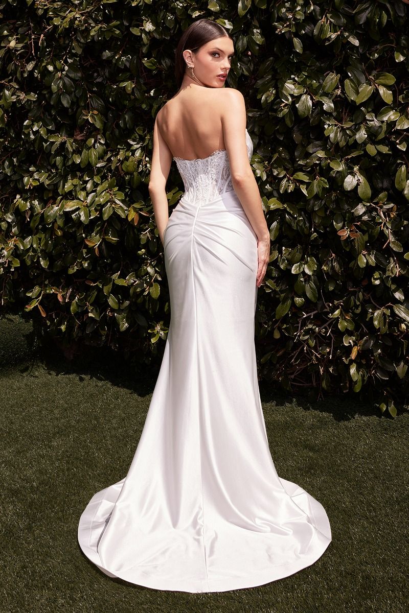 White Strapless Corset Satin Gown | Sheer Boned Bodice Formal Dress with Ruched Waist and Train  CD797W